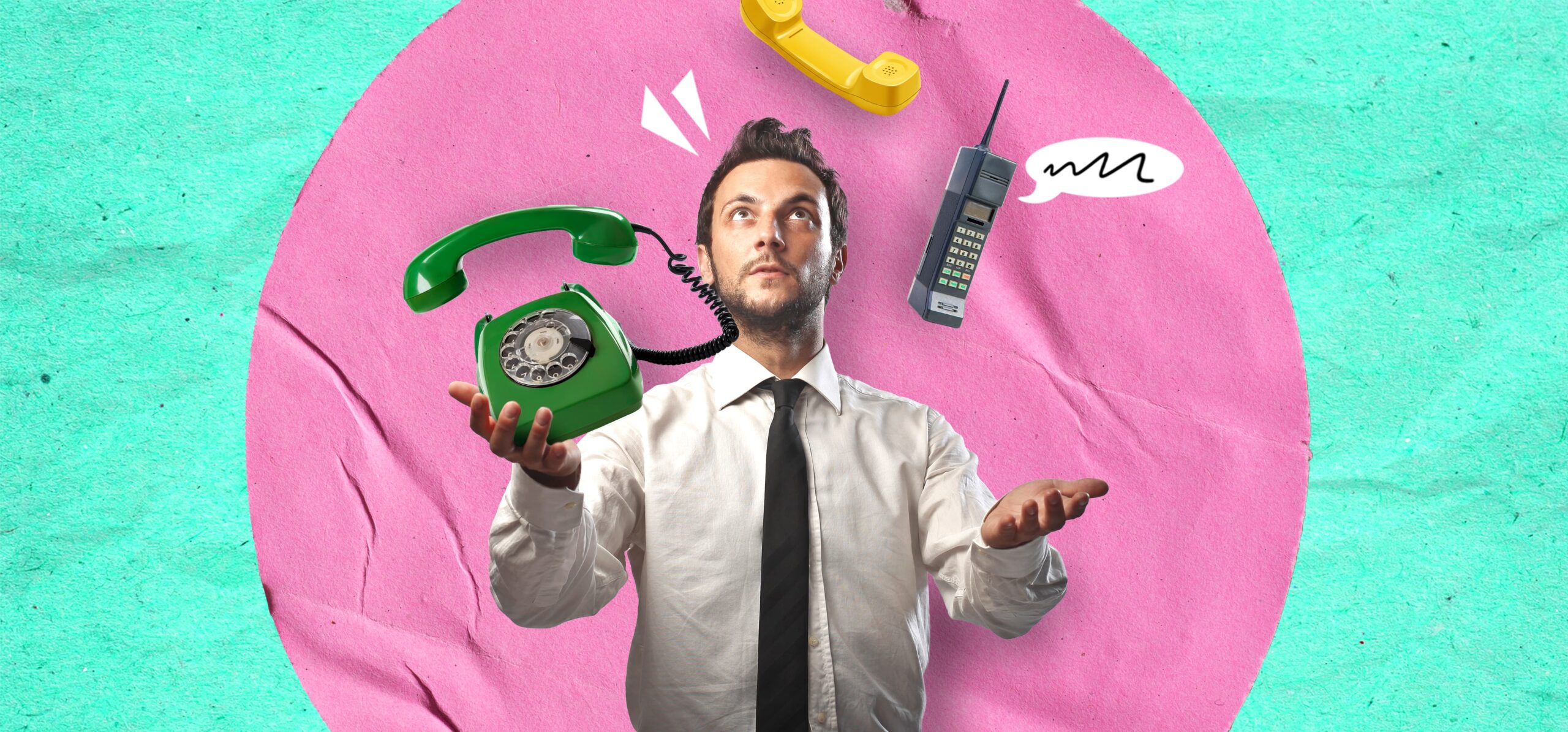 Man juggling retro telephones and a vintage mobile phone against a bright colourful background, representing the evolution of business communication.