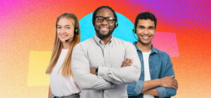 Three smiling customer service representatives wearing headsets stand with arms crossed against a bright, colourful abstract background.
