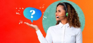 Smiling customer service agent wearing a headset gestures toward a speech bubble with a question mark.