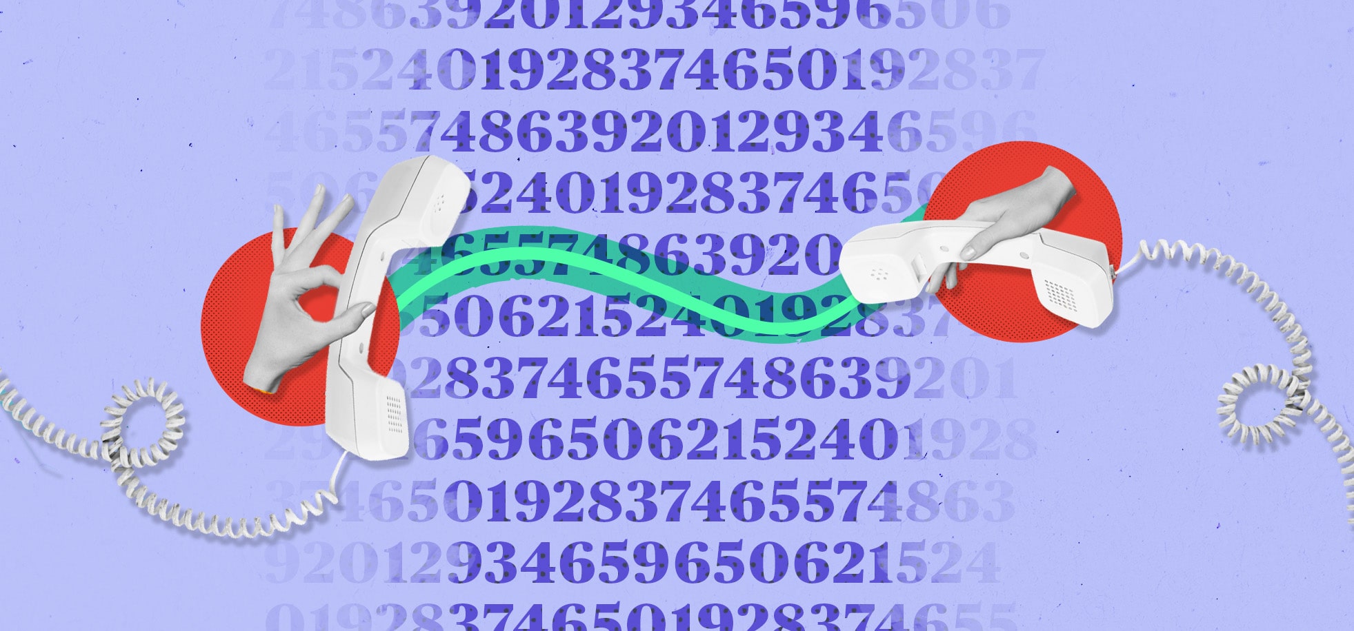 A pair of hands holding telephone receivers linked by a bright green line, symbolising seamless call connection and customer communication.