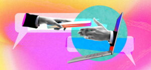 Illustration of two suited hands passing a baton between a human and a laptop screen, symbolising collaboration between people and AI in digital communication.