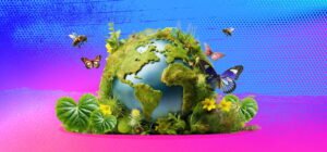 Illustration of the Earth covered in greenery, surrounded by plants, butterflies and bees, representing biodiversity, pollinators and a positive future for nature.
