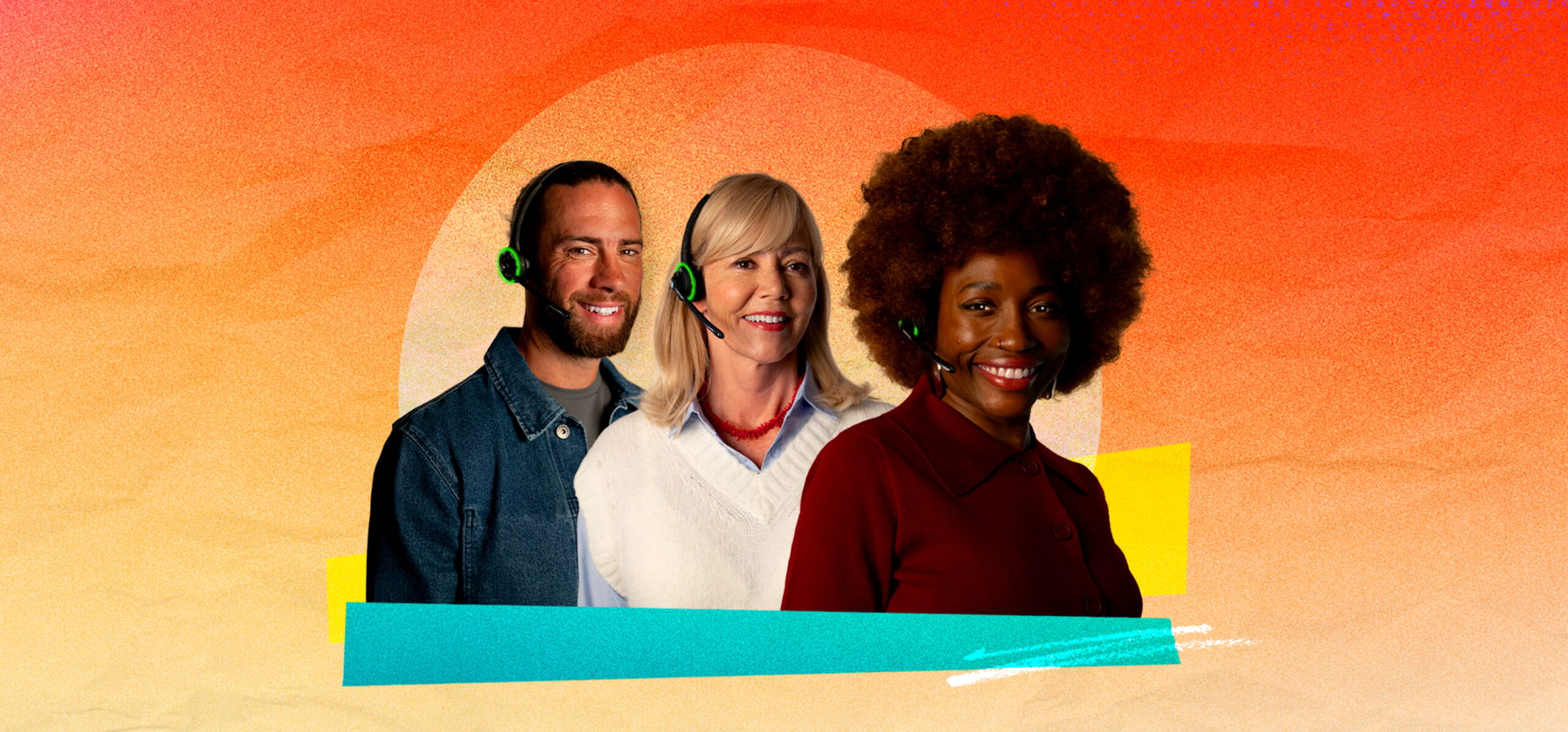 Three smiling customer service receptionists wearing headsets on an orange gradient background, representing Moneypenny telephone answering and virtual receptionist support.