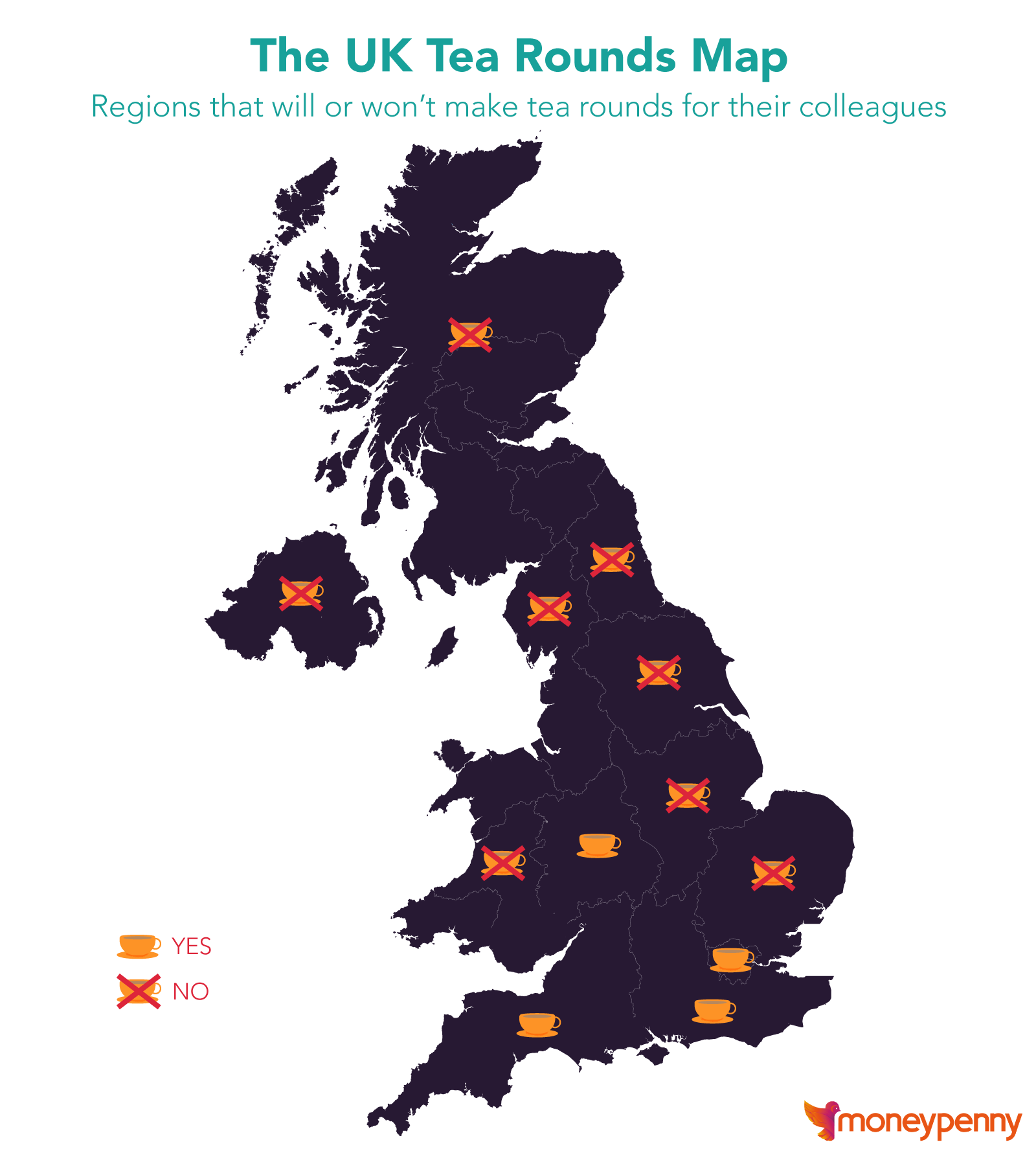 Map showing what regions are happy to do a tea round. 