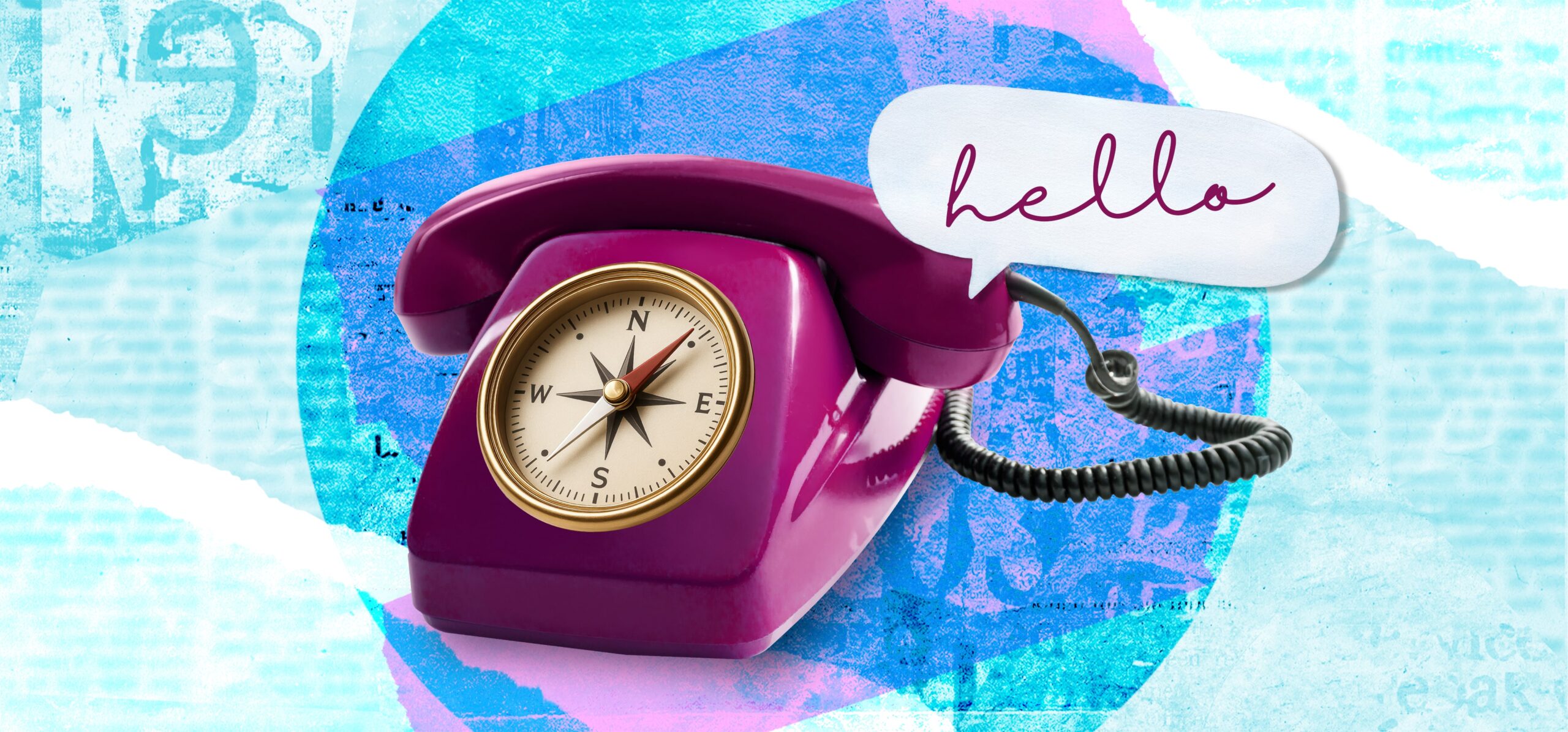 Bright pink retro phone with a compass dial on the base and a speech bubble saying hello on a textured blue collage background.