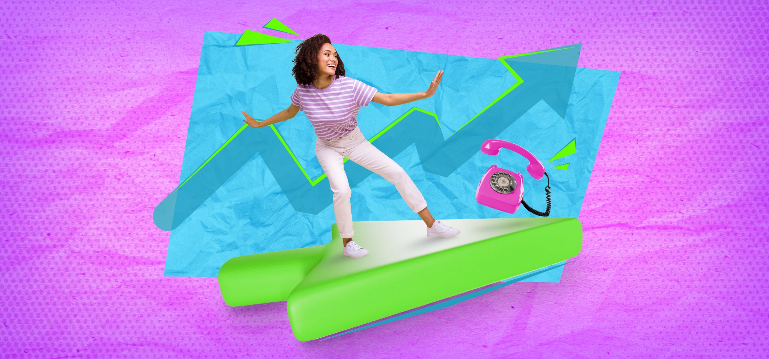 Illustration of a woman in business casual wear surfing on a bright green rising financial graph with a pink retro phone in the background. The image represents successful business growth, leveraging phone answering services.