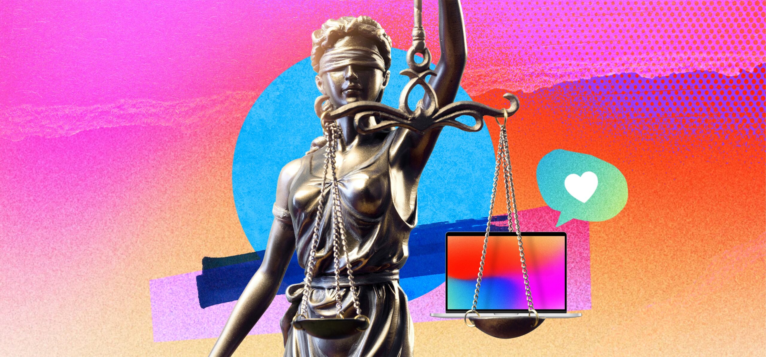 Stylised image of Lady Justice holding scales balanced with a laptop, symbolising modern legal services and digital client communication.