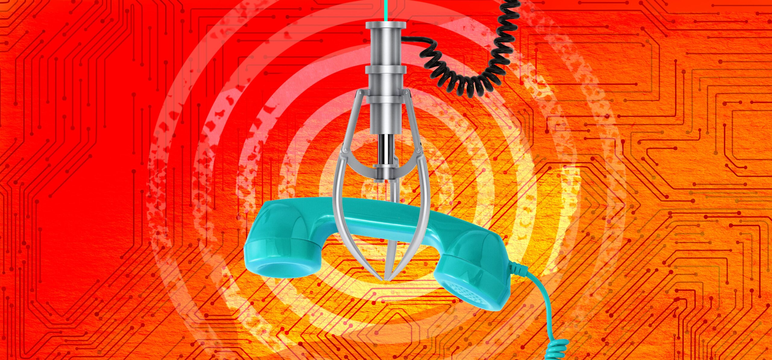 Claw machine gripping a turquoise retro phone, representing missed calls and business opportunities that Moneypenny's answering service can capture.