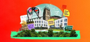 Colourful collage showing Wrexham landmarks, modern office buildings and hiring messages, with binoculars symbolising career opportunities.