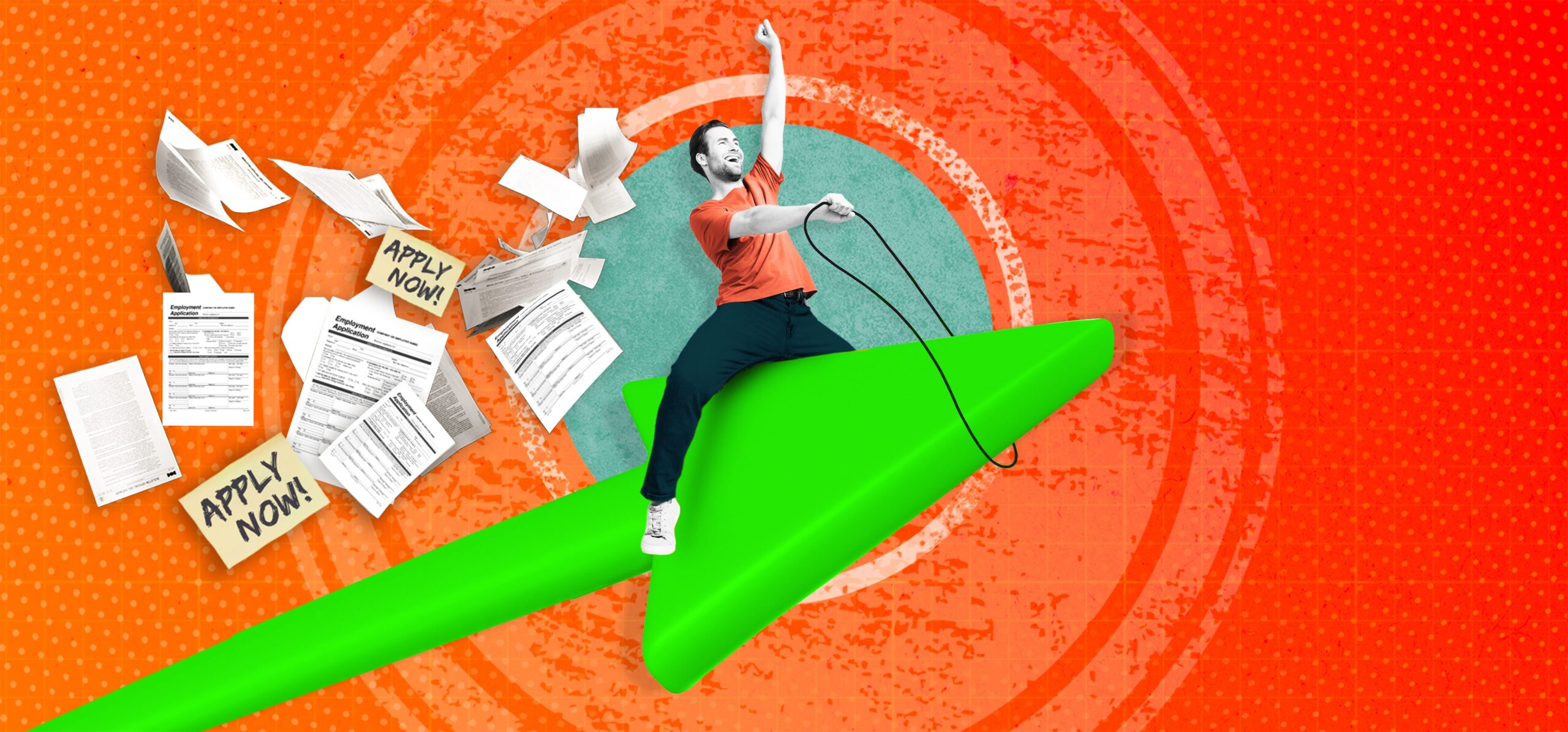 Job hunter riding a green paper plane surrounded by job applications, representing the appeal of employee benefits and flexible working