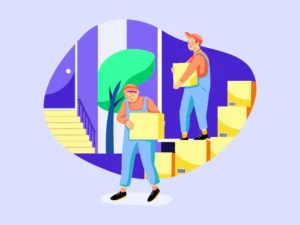 Illustration of movers carrying boxes into a building, representing job relocation and moving for work