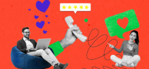 Illustration showing people connected by a phone call, with hearts and a five-star rating symbolising positive customer service.