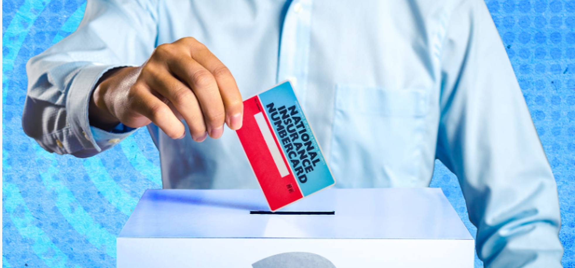 A person's hand puts a UK National Insurance number card into a ballot box, symbolizing the impact of government changes and rising costs on business decisions and the shift towards outsourcing for efficiency.