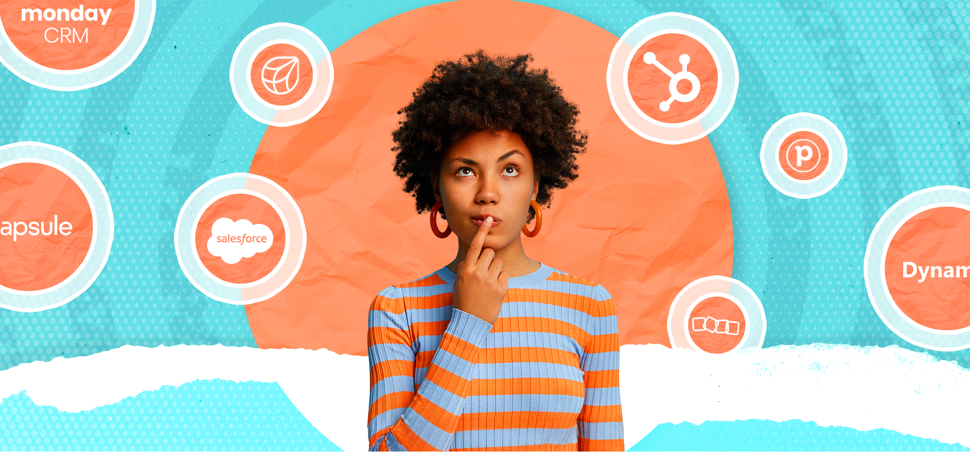 Woman thinking while surrounded by CRM platform icons including Salesforce, HubSpot, Monday CRM, Capsule and Microsoft Dynamics.