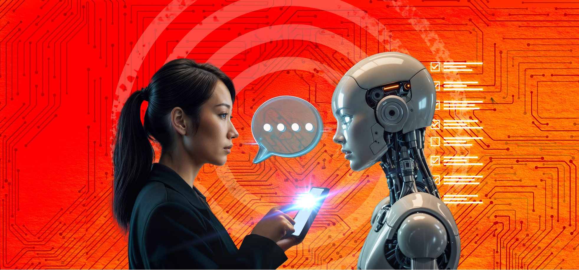Businesswoman using smartphone to communicate with AI robot, representing human-AI collaboration and the future of customer service technology.