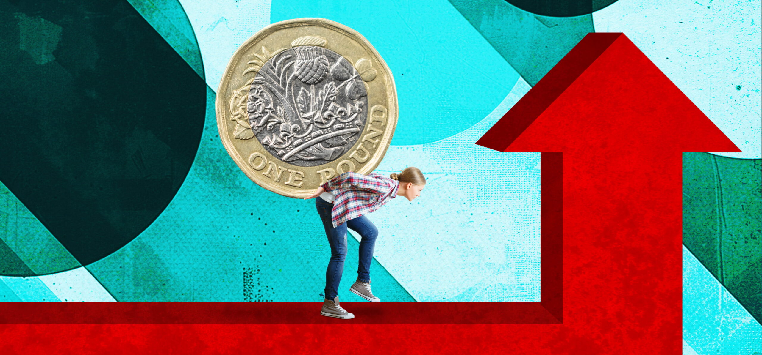 Woman struggling to carry a heavy one pound coin while walking up a rising red arrow, symbolising increasing business costs in the UK.