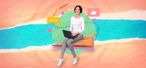 Illustration of a woman using a laptop with chat and like icons, symbolising digital communication, online engagement, and modern remote work.