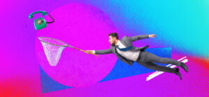 Business professional in a suit diving with a net to catch a ringing green telephone, representing capturing missed calls with AI call handling.