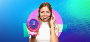 Smiling call handler wearing a headset holding a glowing clock icon, representing fast call answering and improved response times.