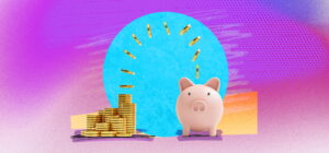 Piggy bank next to stacks of gold coins, with falling coins forming a clock shape against a colourful abstract background, symbolising savings and financial growth over time.